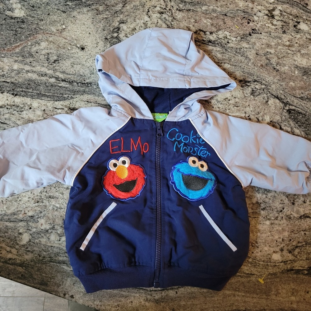 Sesame Street Elmo Cookie Monster Hooded Full Zip Jacket 12M Navy Blue vintage